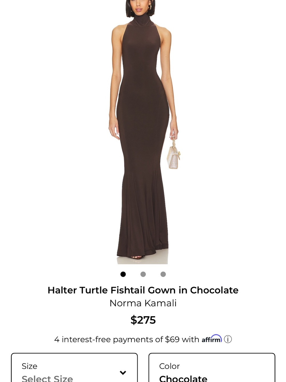 Norma Kamali Chocolate Halter Turtle Fishtail Gown